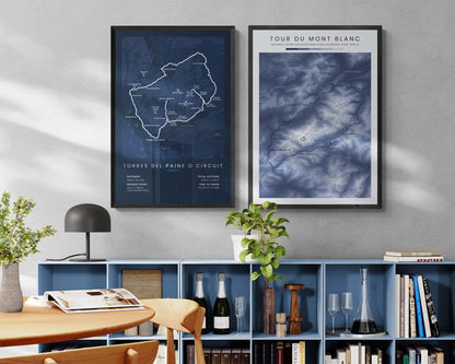 Torres Del Paine O Trek (Patagonia) Route Map Art in Minimal Room Decor