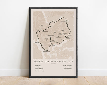 Patagonia O Trek (Chile) Route Map Art with Beige Background