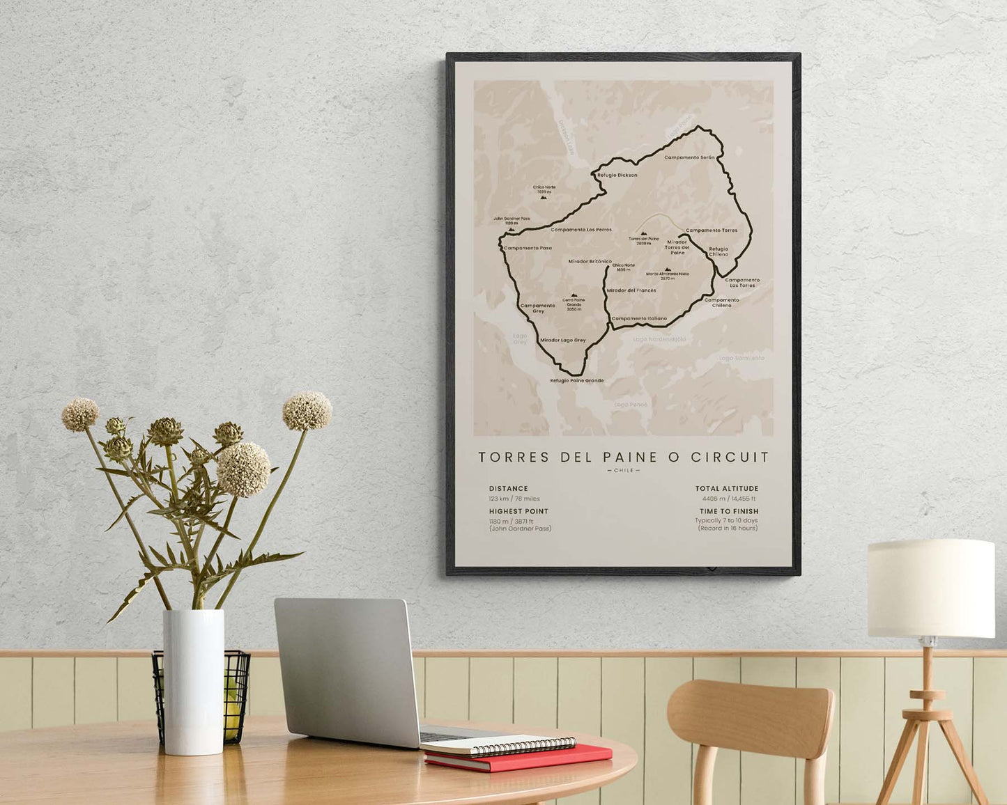 Patagonia O Trek (South America) trek map art in minimal room decor