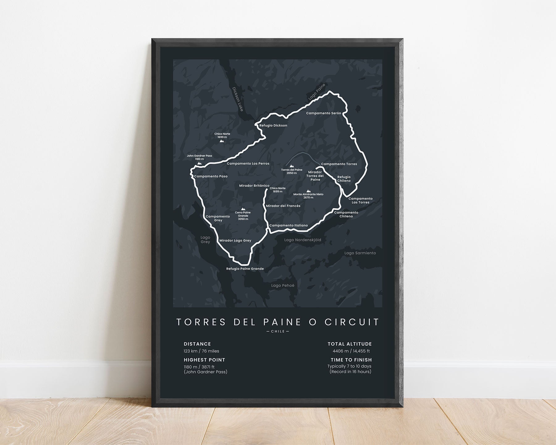 Patagonia O Circuit (South America) route print with black background