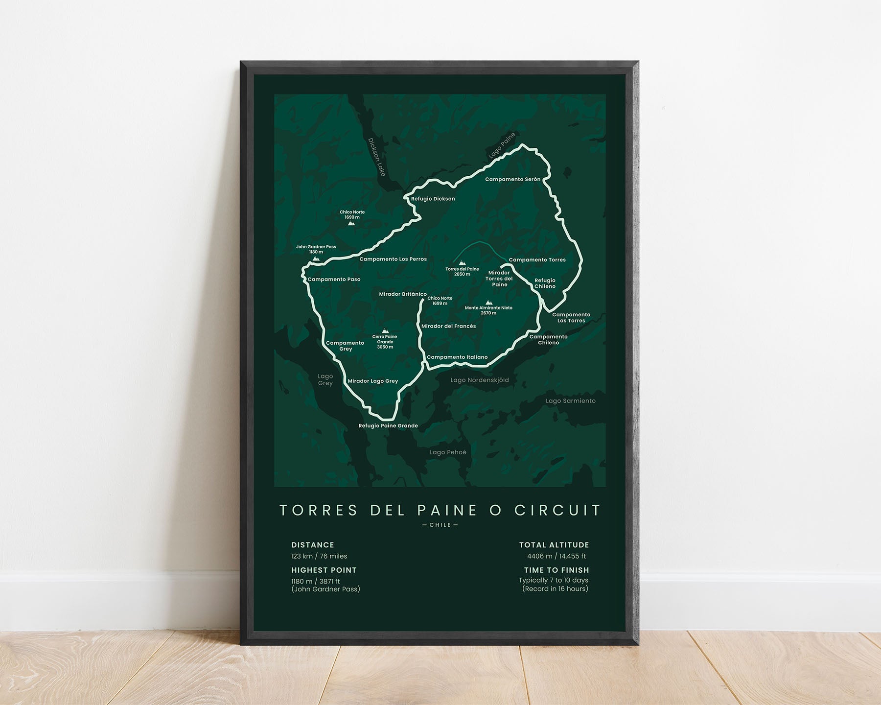 Torres del Paine O Trek (Chile) track art print with green background
