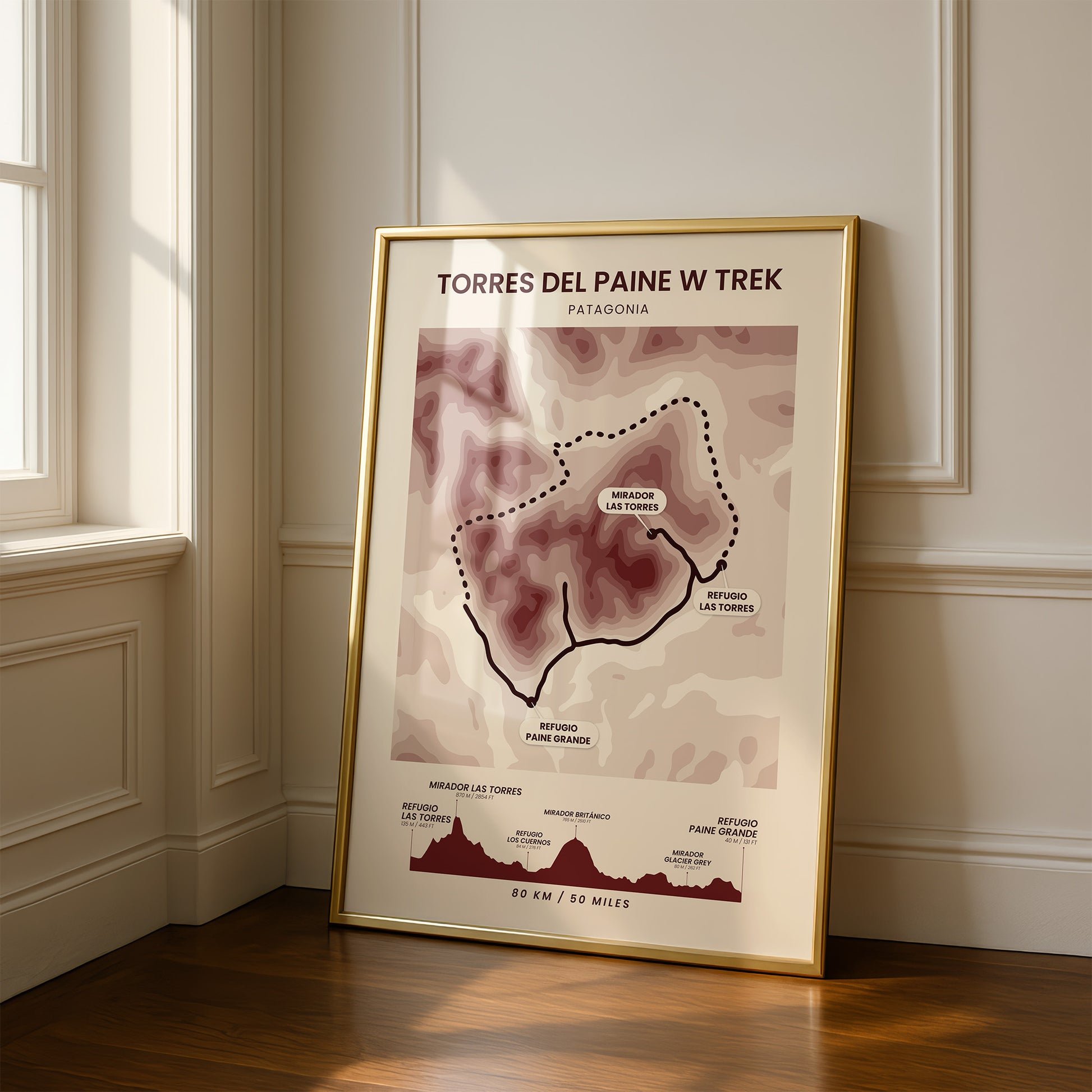 Torres Del Paine W Trek (Chile) Topographic Map Poster Print with Red Background