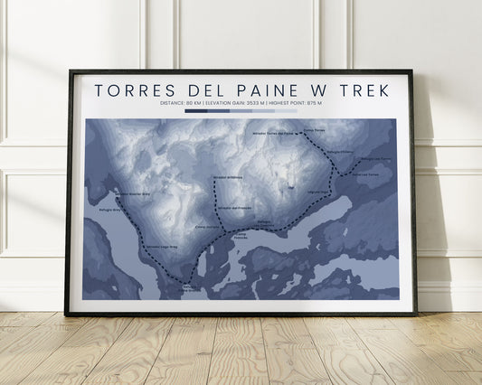 Torres Del Paine W Trek (Patagonia) Walking Map with Minimal Blue Background