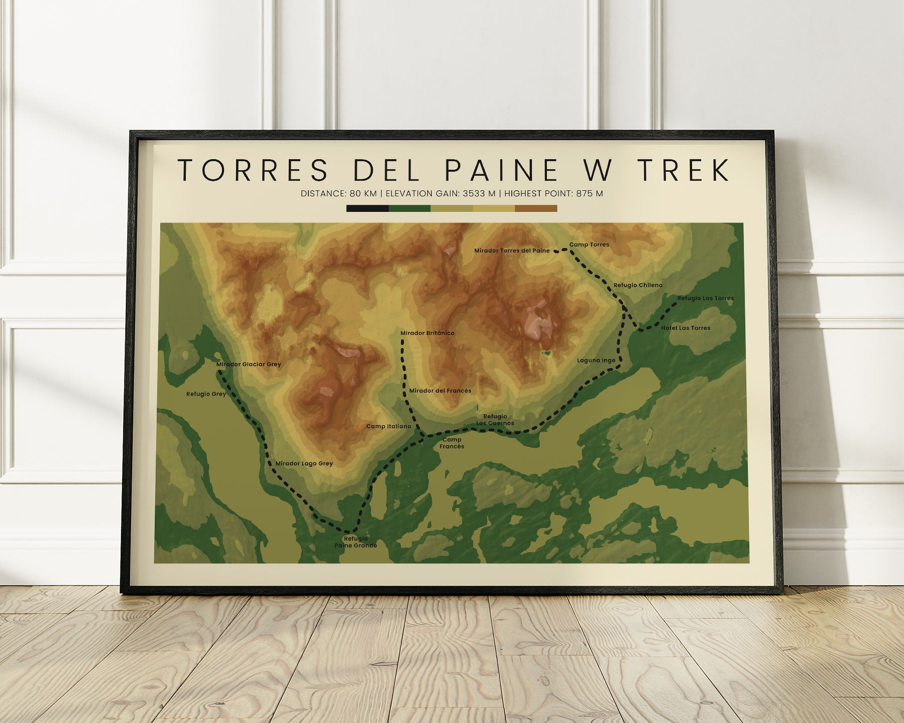 W Trek Patagonia (Andes) Hiking Trail Print with Realistic Green Background