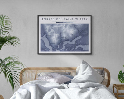 W Trek Patagonia (Andes) Route Art with Topographic Map in Modern Bedroom Wall Art