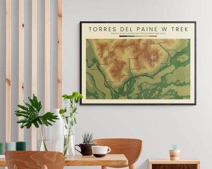 Torres Del Paine W Circuit (South America) Hike Wall Art with Contour Map in Modern Interior Decor