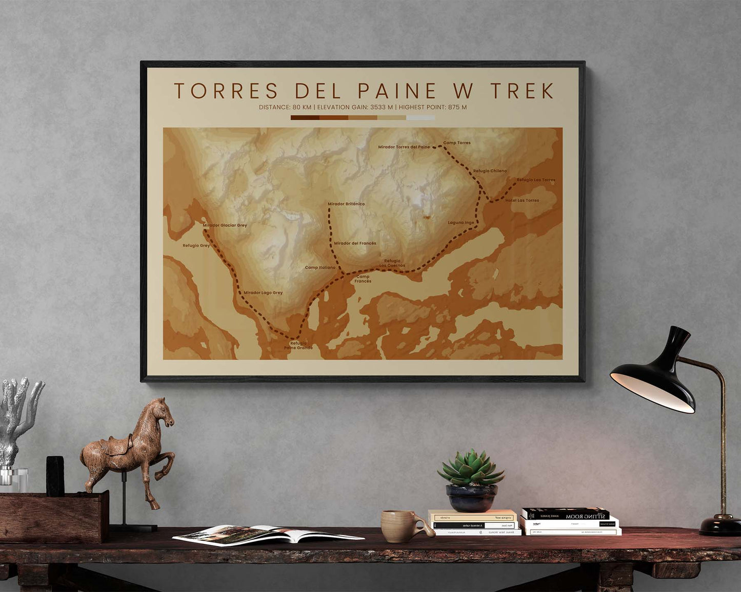 W Trek Patagonia (Chile) Path Poster with Shaded Relief Map in Modern Home Office Decor