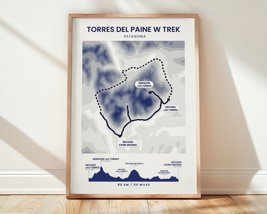 W Trek Patagonia (Andes) Shaded Relief Map Wall Art with Blue Background