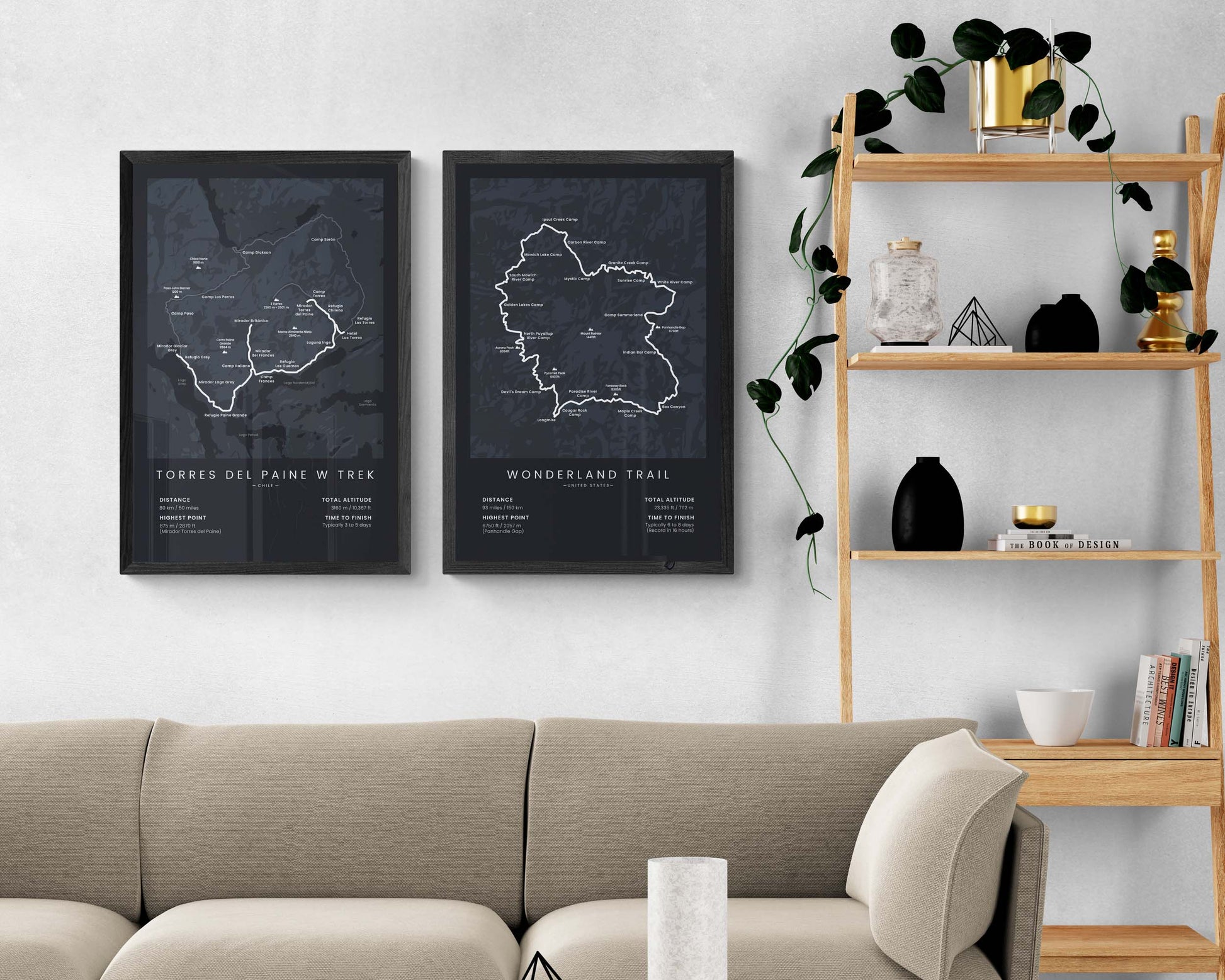 W Trek Patagonia (Torres del Paine) Trail Map Art in Minimal Room Decor