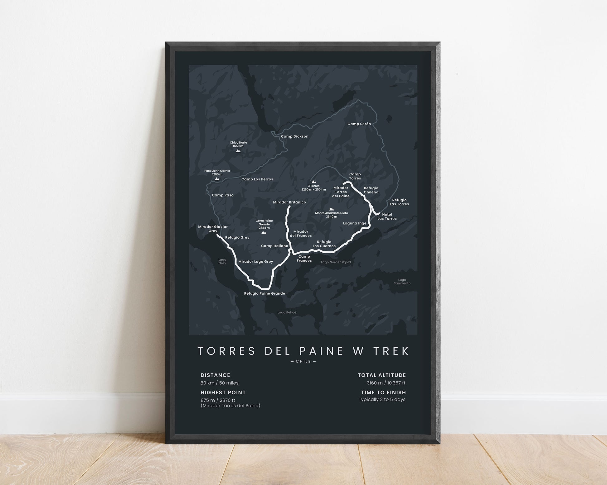 Torres Del Paine W Circuit (Andes) Trail Wall Art with Black Background