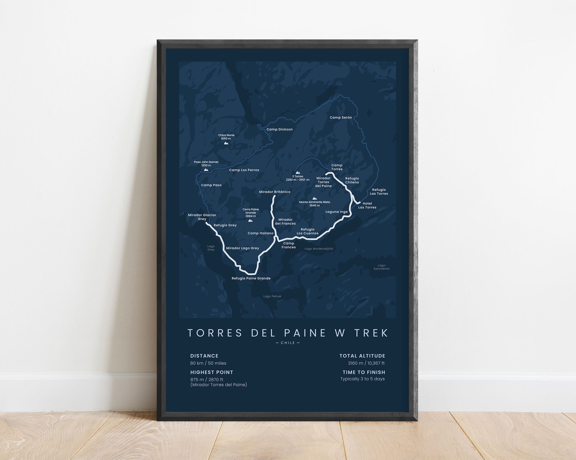 Torres Del Paine W Trek (O Circuit) Route Map Art with Blue Background