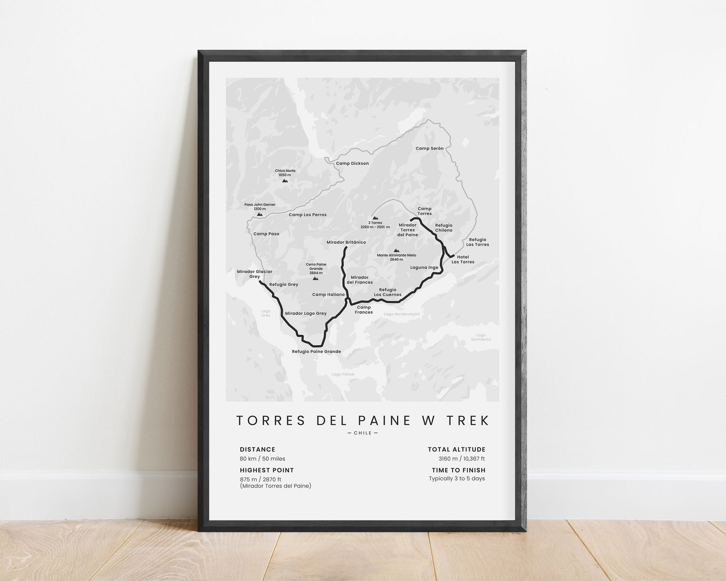 Torres Del Paine W Trek (Patagonia) Path Wall Map with White Background