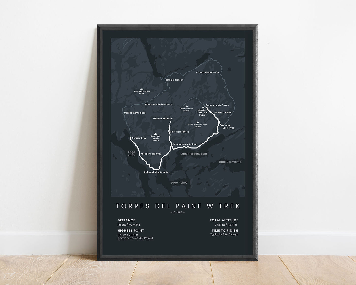 Torres Del Pain W Circuit hiking trail wall map with black backrgound