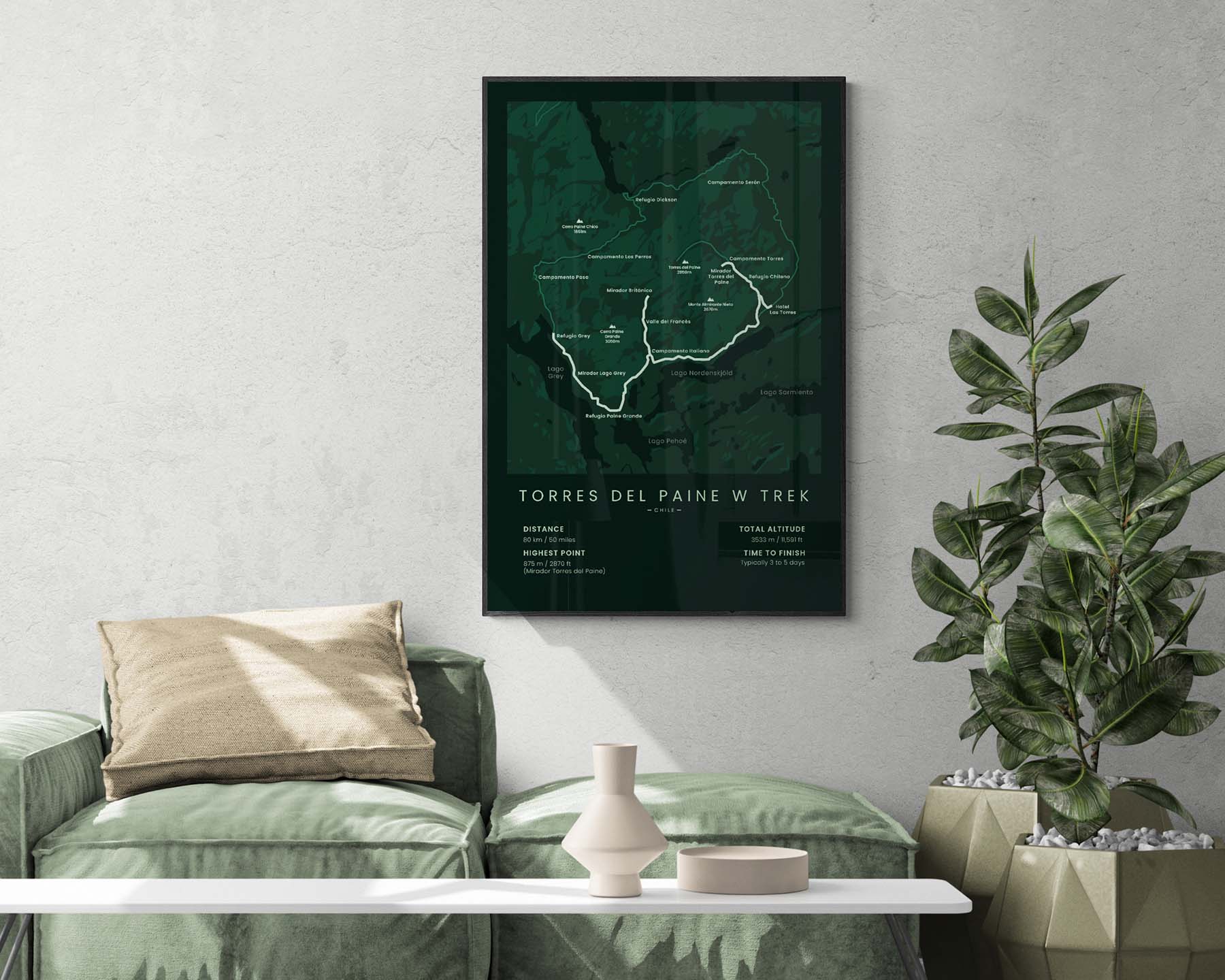 Torres Del Paine W Track Map Art with green background