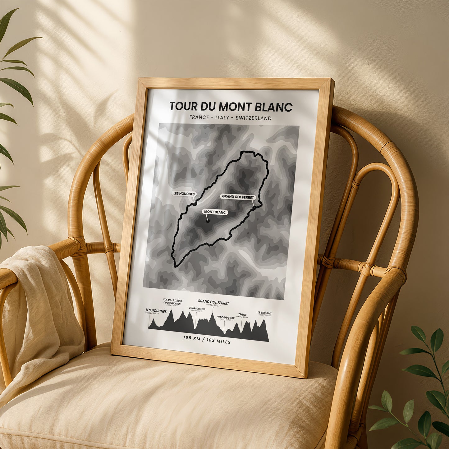 Mont Blanc Loop (Switzerland) Elevation Map Wall Art with Black Background