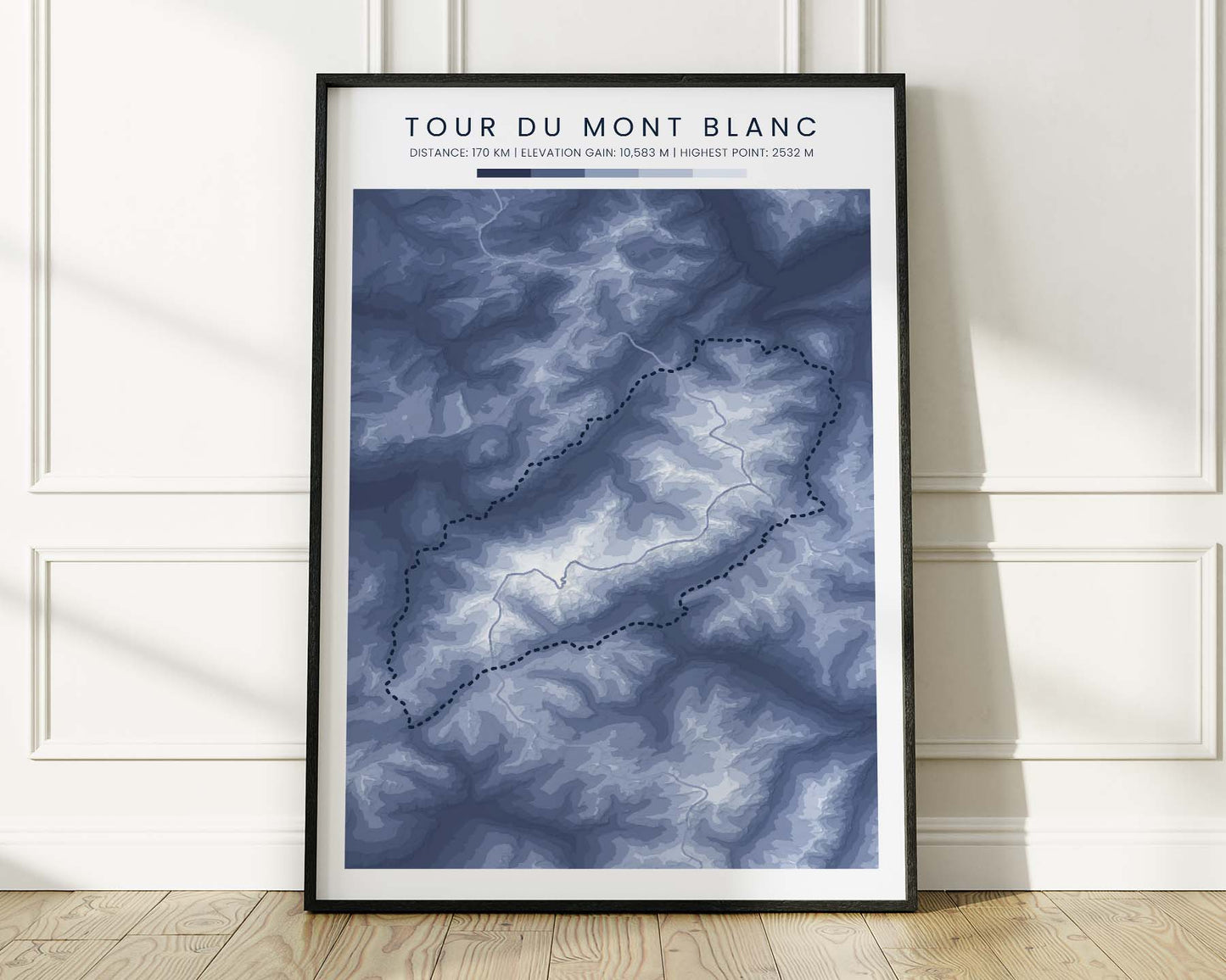 Tour du Mont Blanc (Europe) Trail Art with Minimal Blue Background