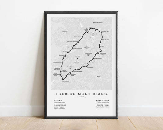 Tour du Mont Blanc (France) Route Wall Map with White Background