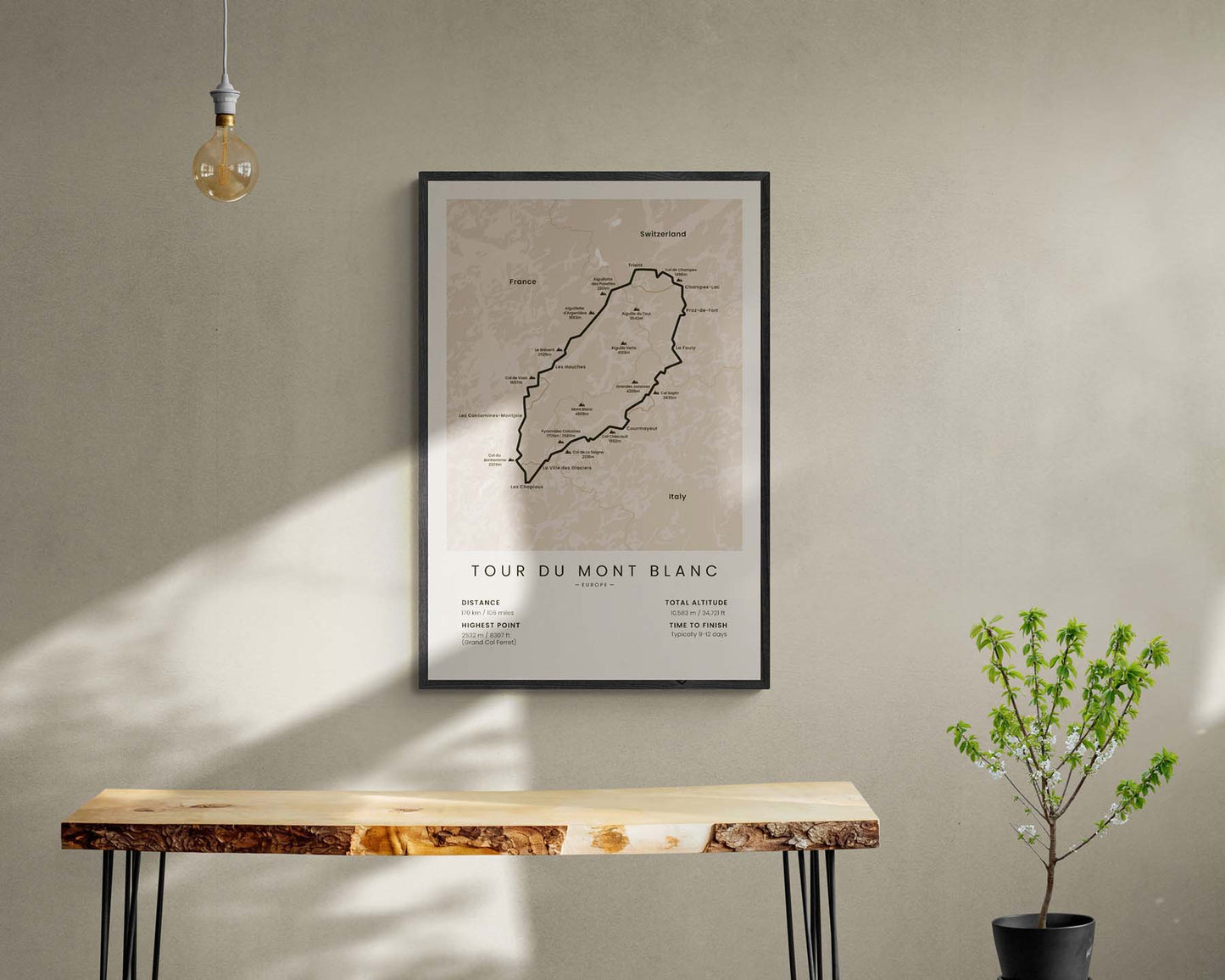 Tour Du Mont Blanc long-distance trek print with beige background in living room