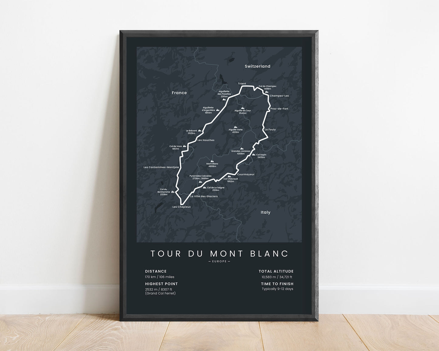 Mount Blanc Loop (In Europe) thru-hiking trail poster with black background