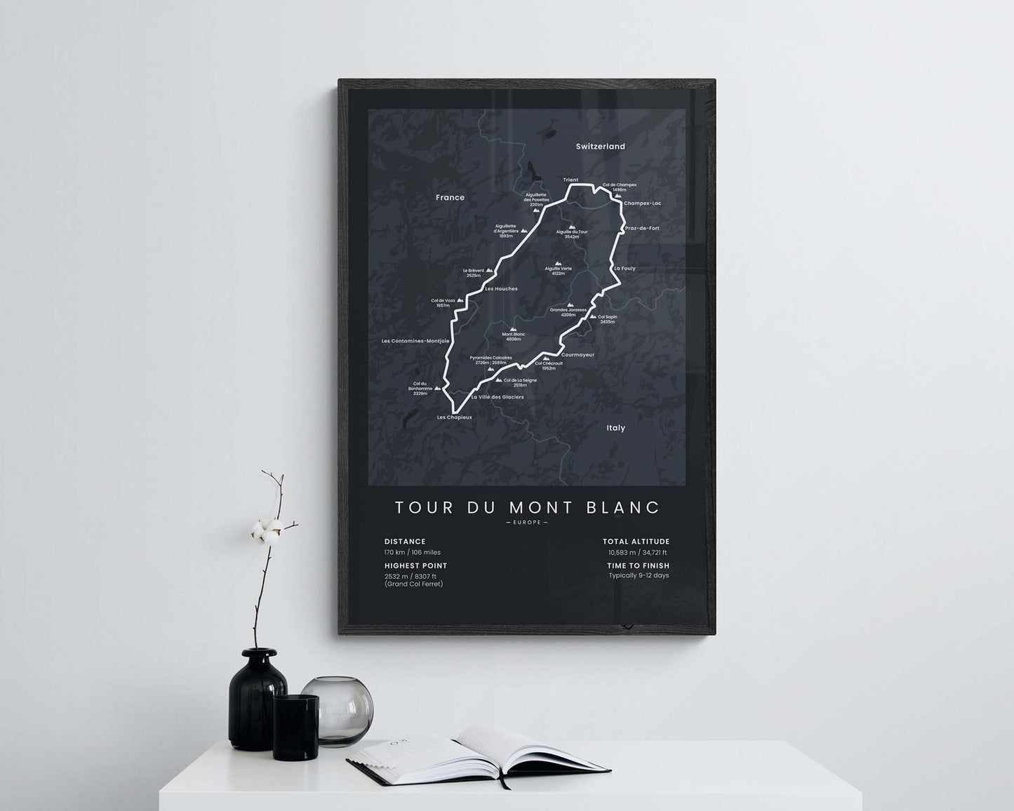Mt Blanc Loop Trekking Path Poster with black background in living room