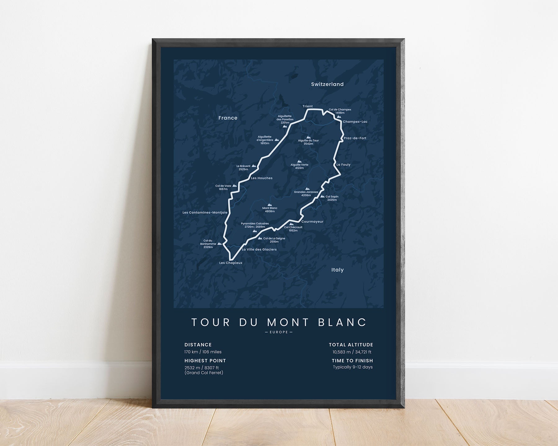 Ultra Tour du Mont Blanc running trail map wall art with blue background