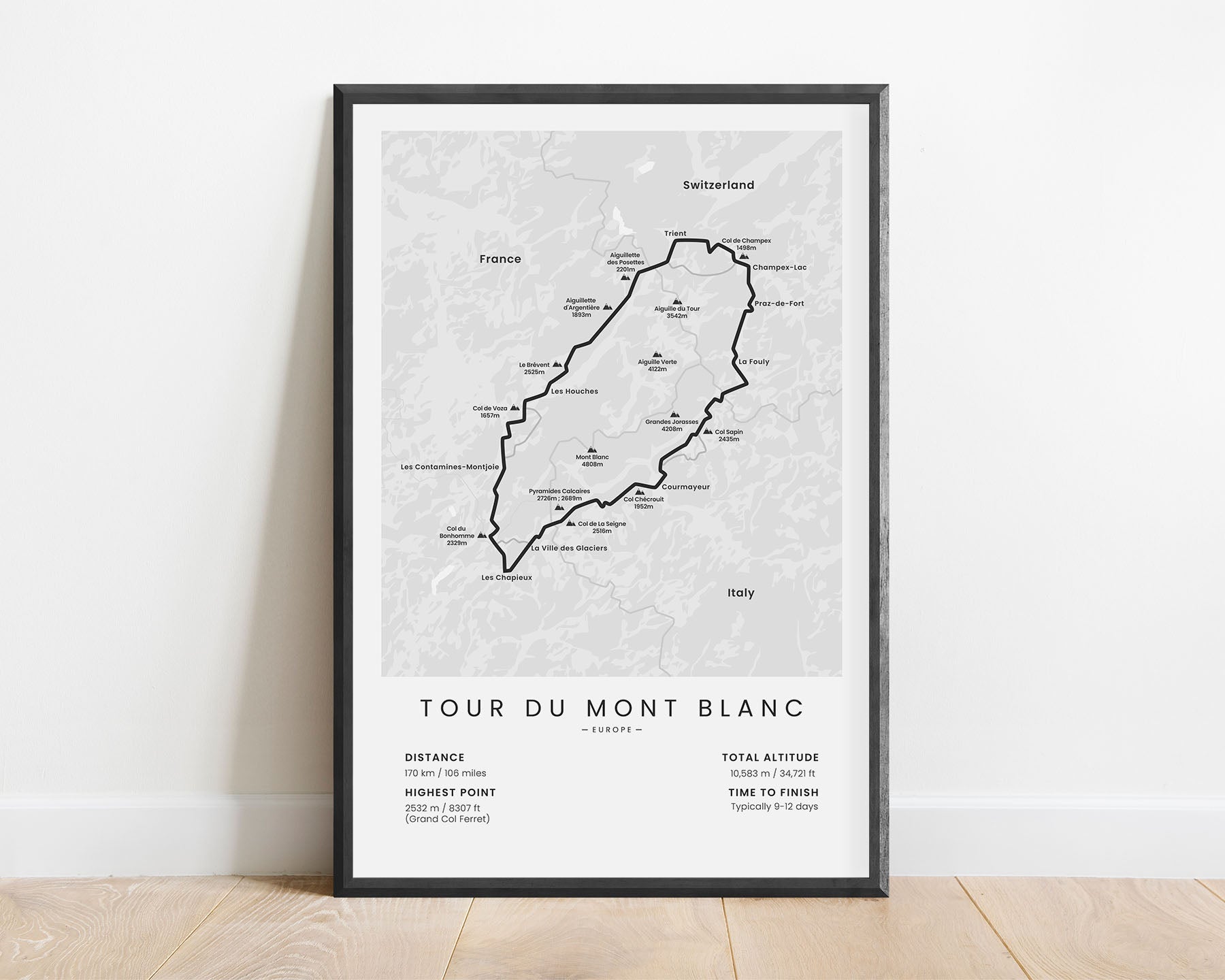 Tour Du Mont Blanc hiking trail (in Alps) minimalist map with white background