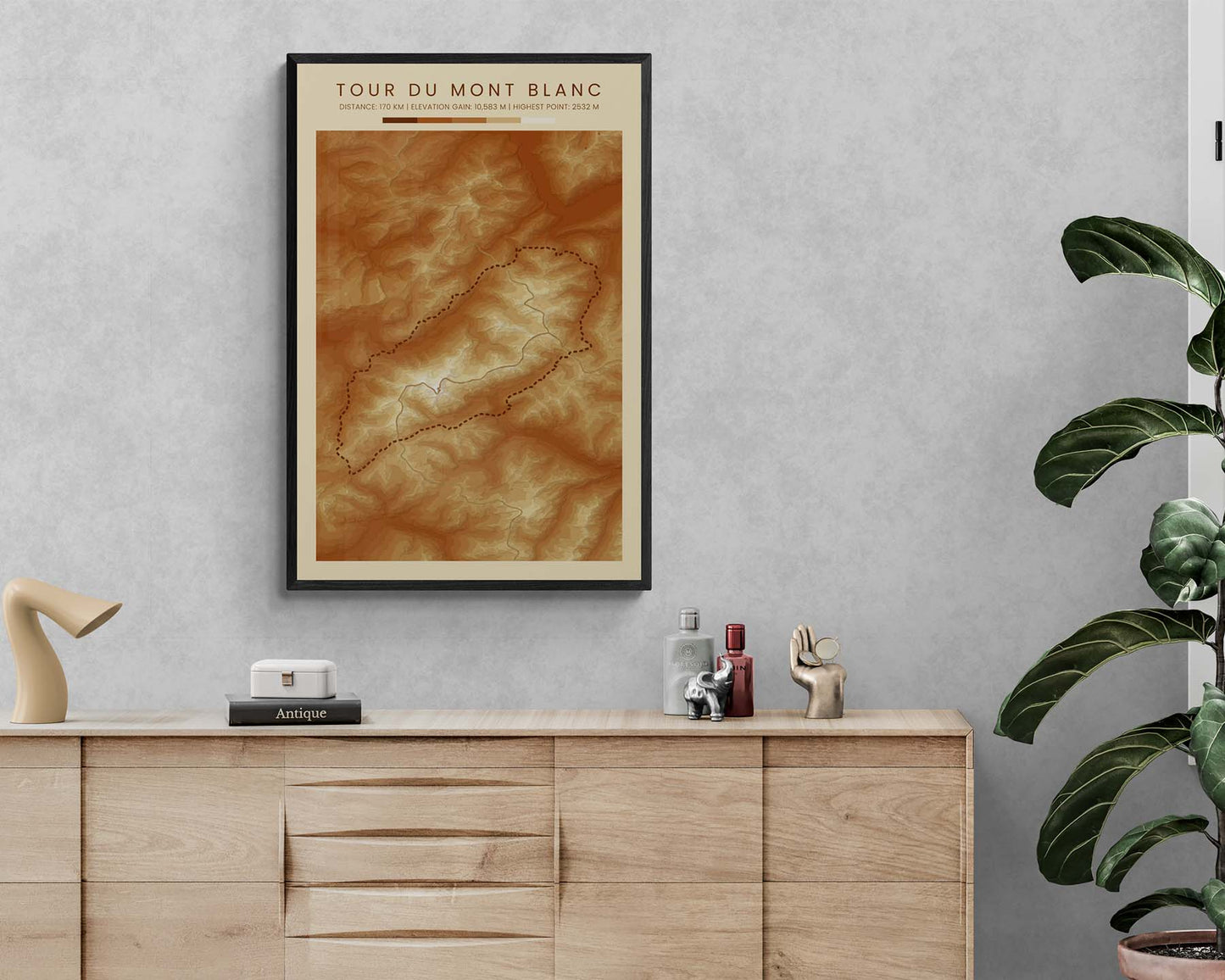 TMB (France) Path Print with Shaded Relief Map in Modern Wall Art Decor