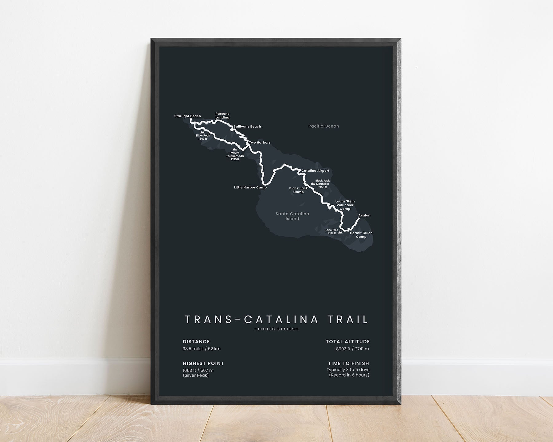 Trans-Catalina Trail (Avalon to Two Harbours) trek map art with black background