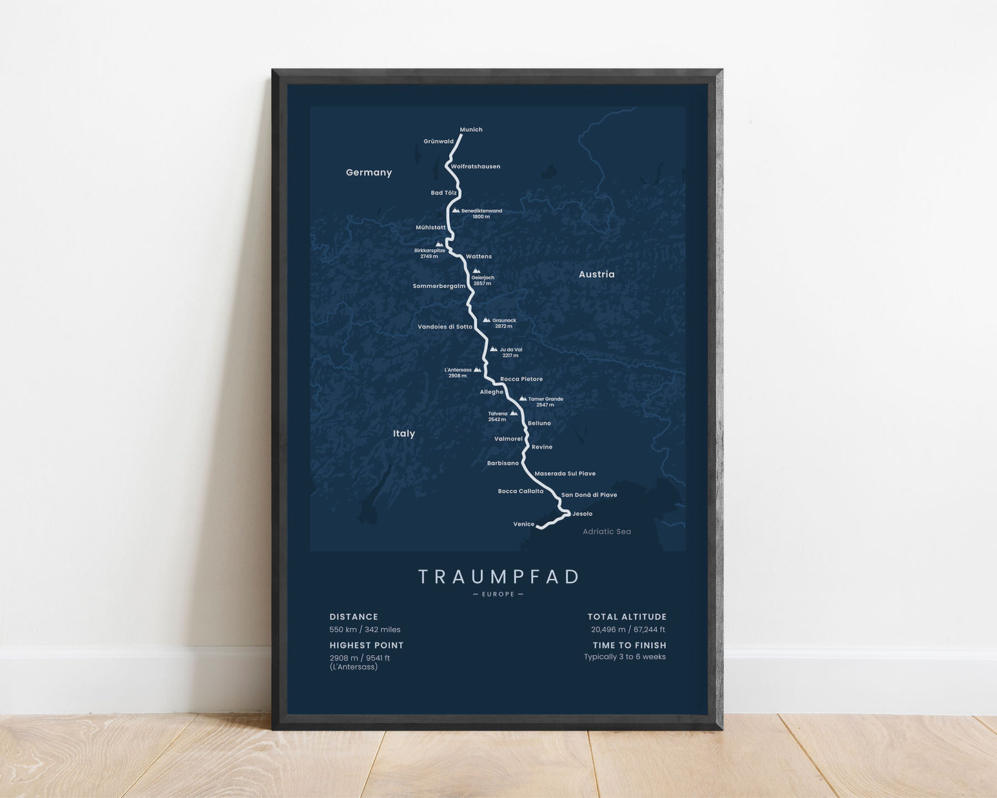 Traumpfad (Munich to Venice) track map art with blue background