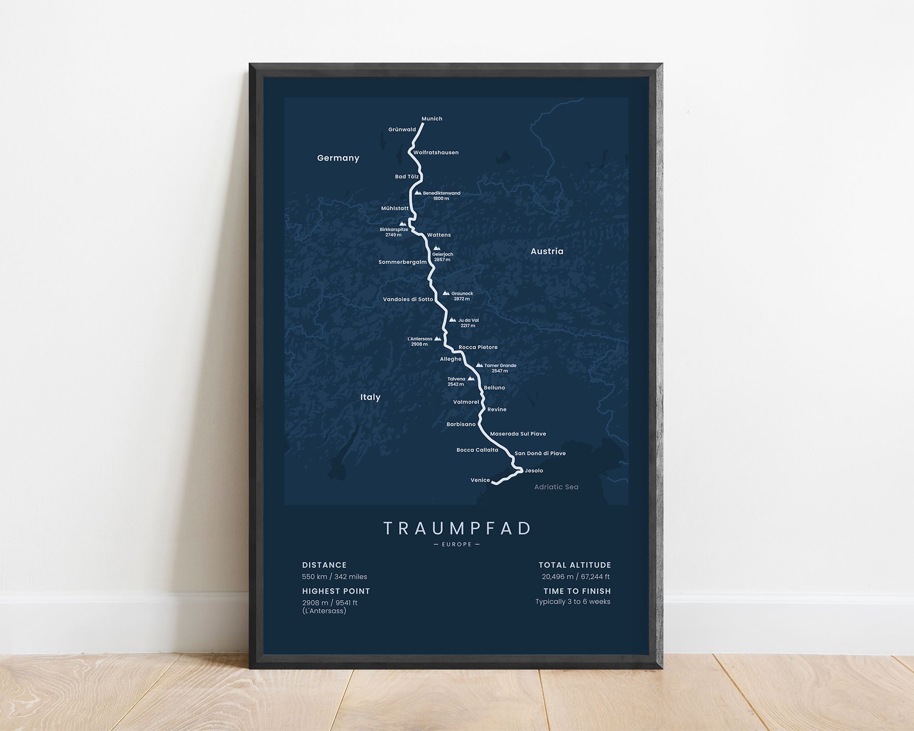 Traumpfad (Munich to Venice) track map art with blue background