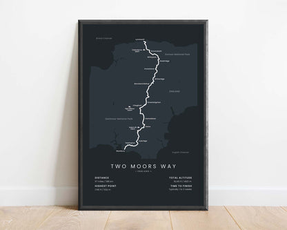 Two Moors Way (Exmoor National Park) Thru Hike Map Art with Black Background