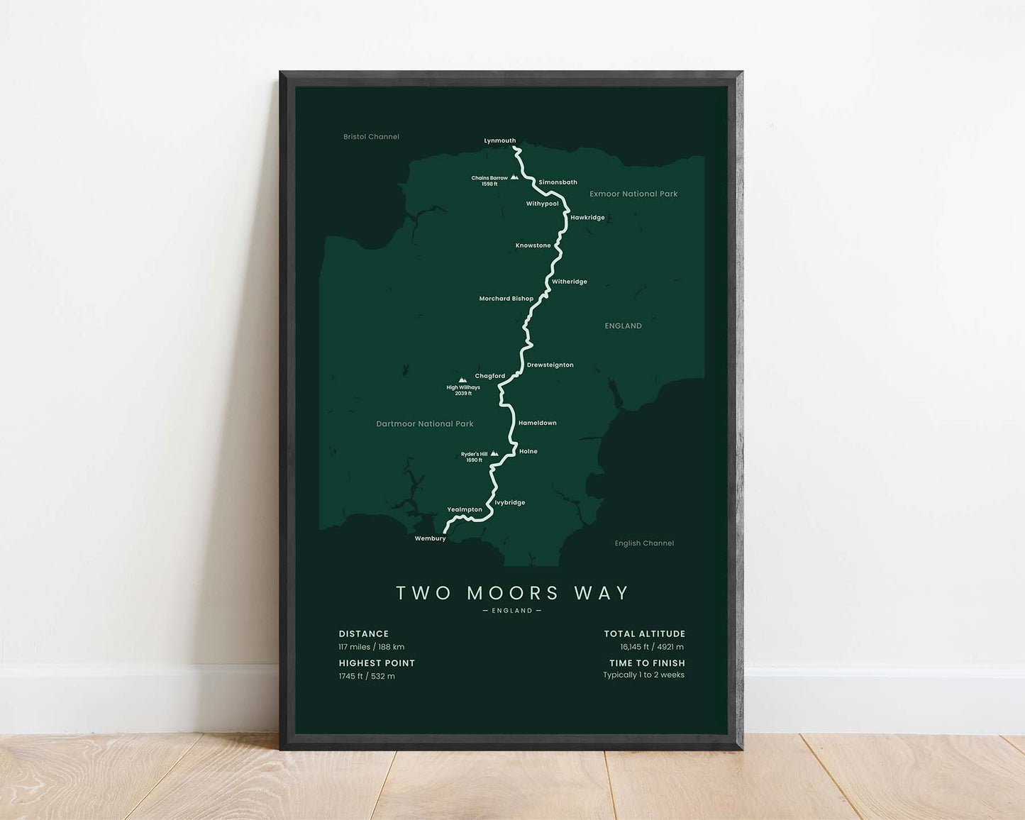 Two Moors Way (Devon) Track Print with Green Background