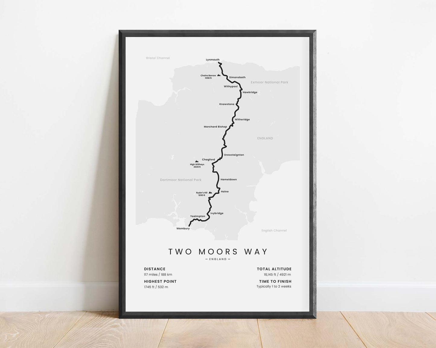 Two Moors Way (Dartmoor National Park) Route Wall Map with White Background