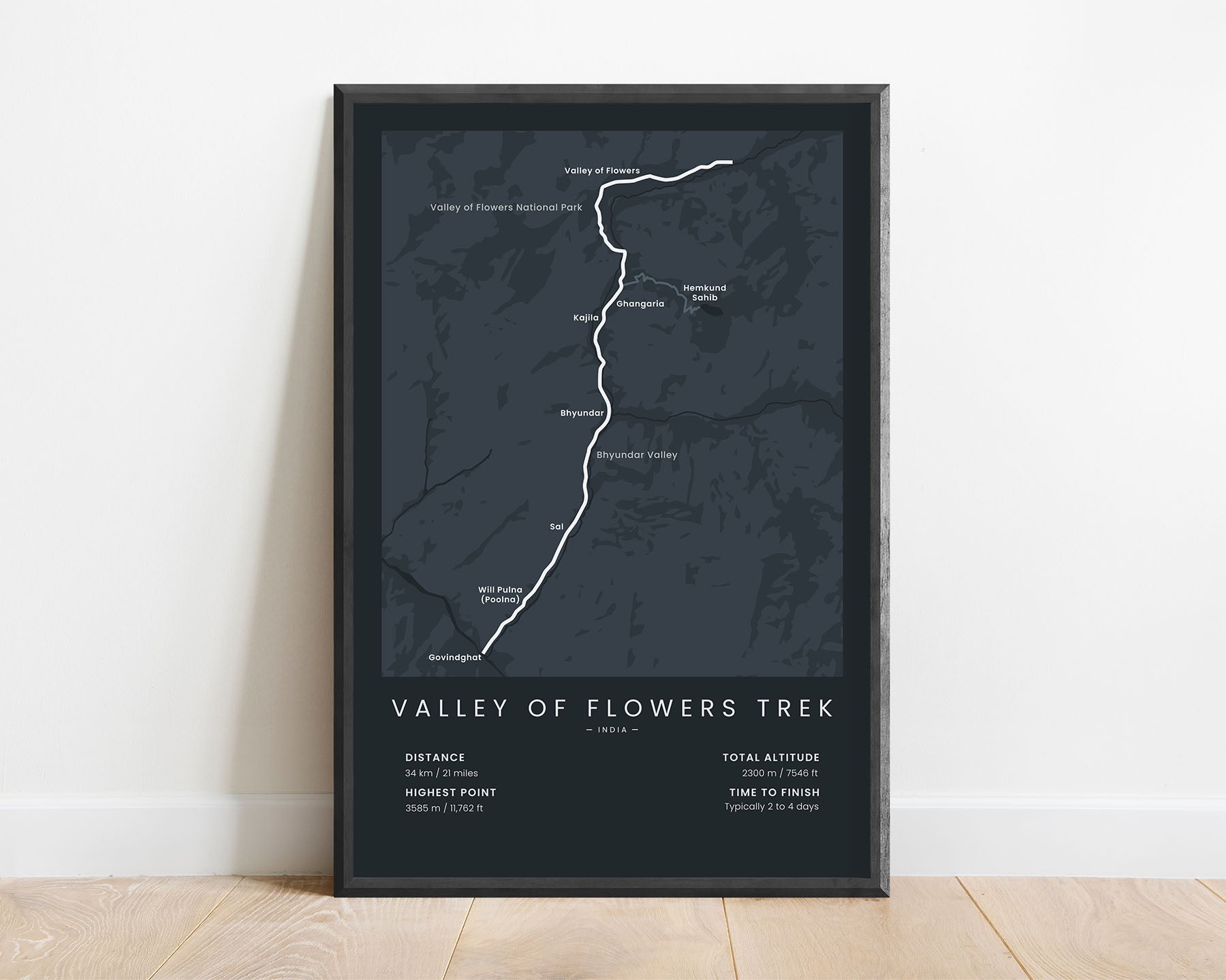 Valley of Flowers and Hemkund Sahib Trek (Valley of Flowers National Park) route map art with black background