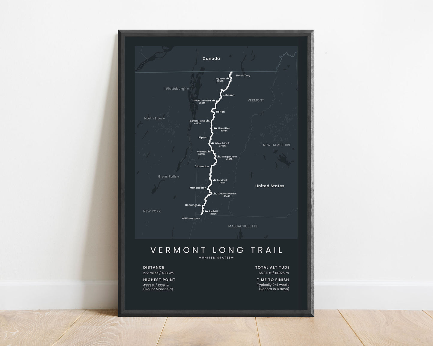 The Long Trail hiking trail print with black background (United States)