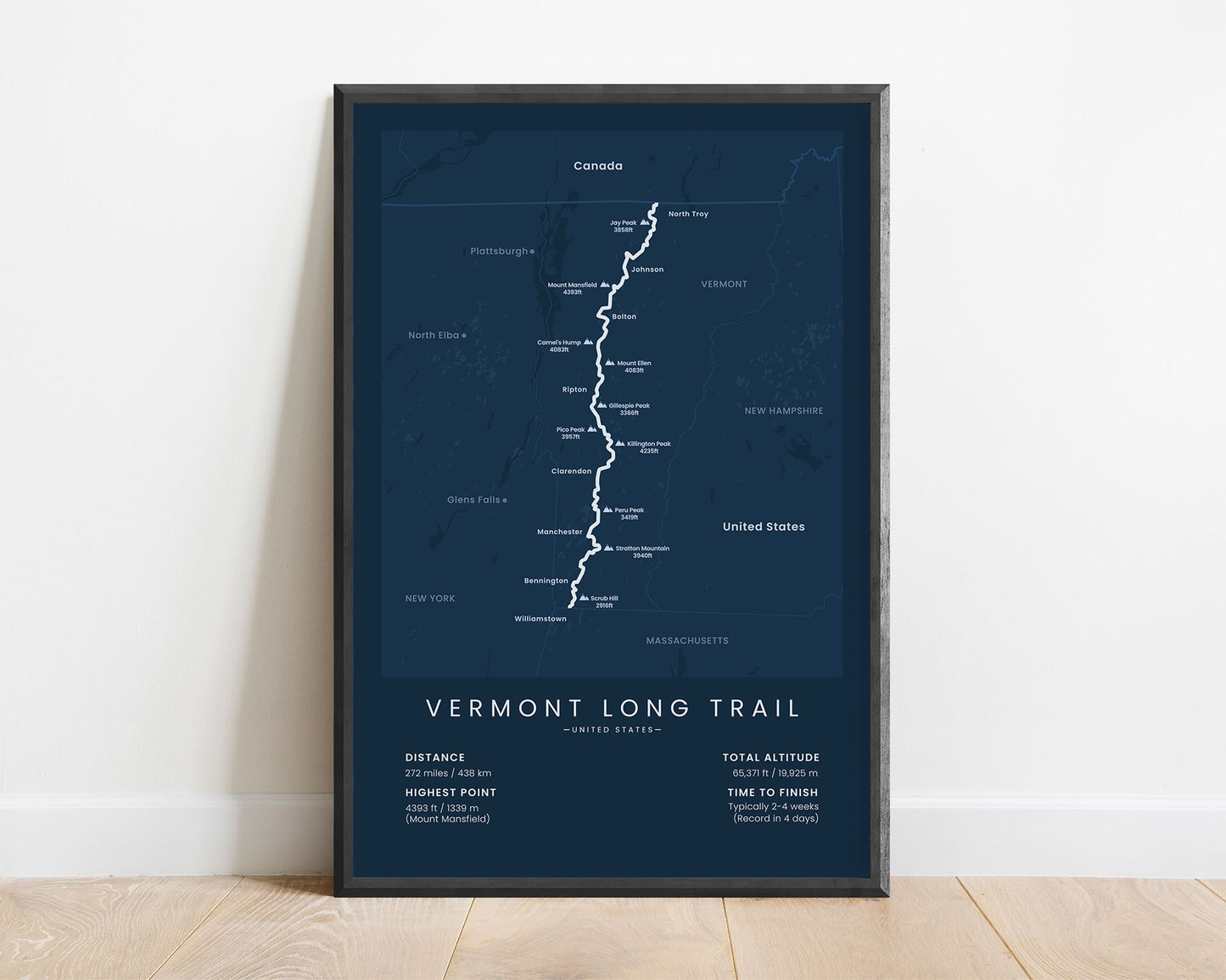 Vermont Long Trail thru hike wall art with blue background (Massachusets to Canada)