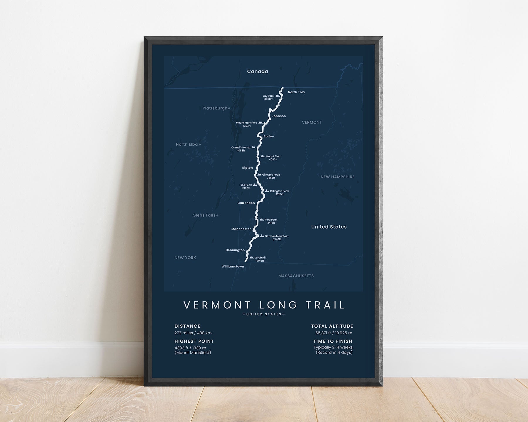 Vermont Long Trail thru hike wall art with blue background (Massachusets to Canada)