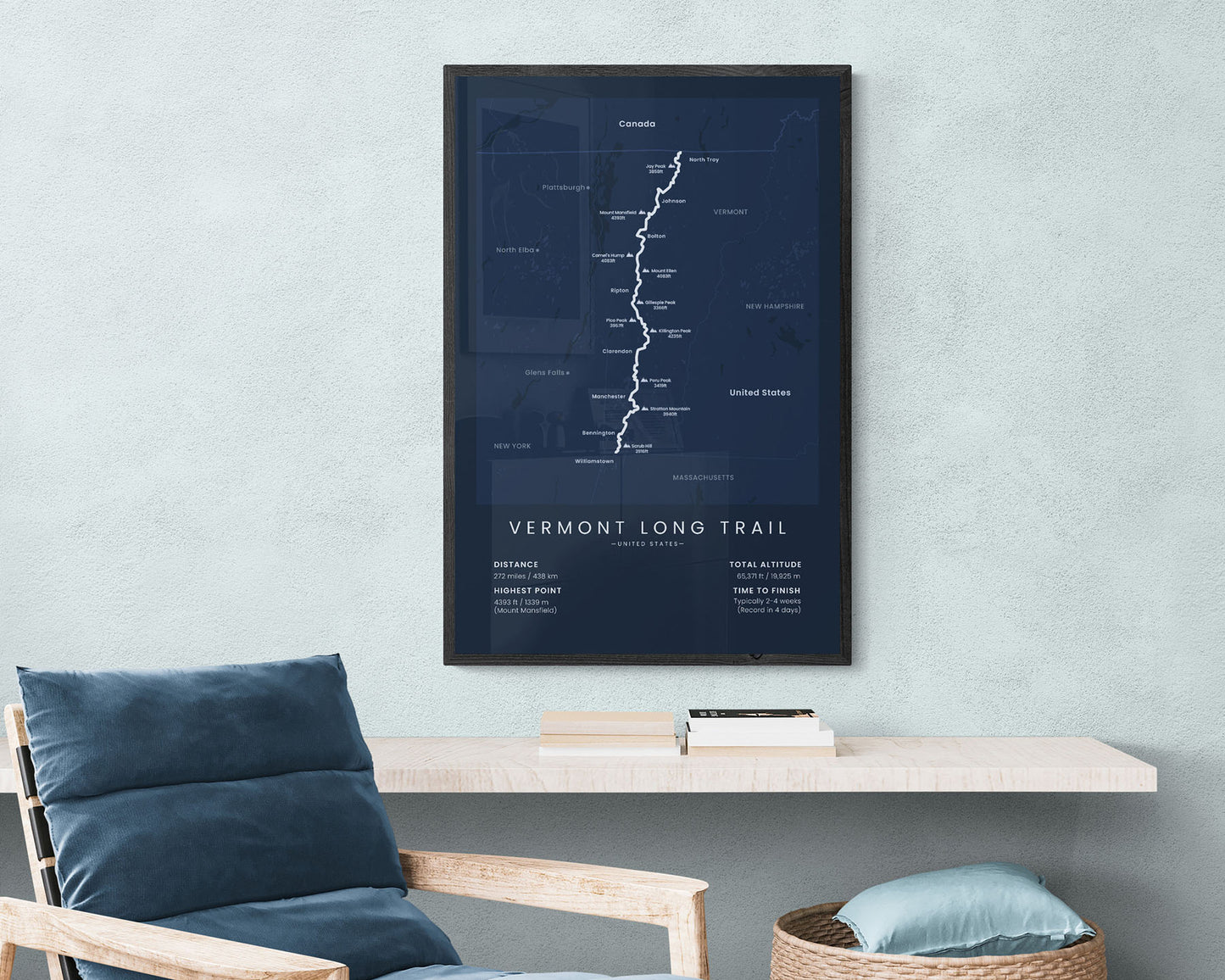 The Long Trail hike map art in minimal room decor (Mount Mansfield)