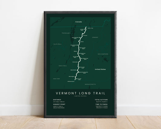The Long Trail trail map art with green background (Williamstown to North Troy)
