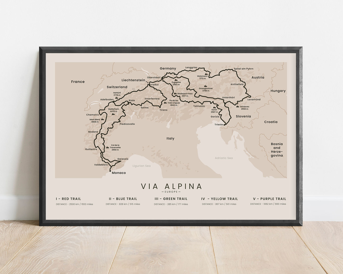 Via Alpina (Lichtenshtein) All Trails map art with beige background