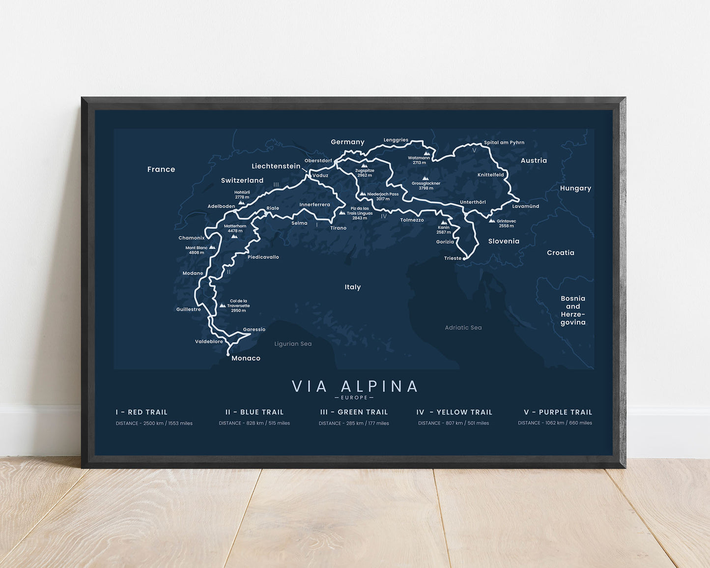Via Alpina Red, Blue, Green, Yellow, and Purple trails (Italy) Route print with blue background