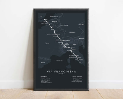 Via Francigena (Italy, France, Canterbury to Rome, Switzerland, Europe, United Kingdom) Trail Wall Art with Black Background