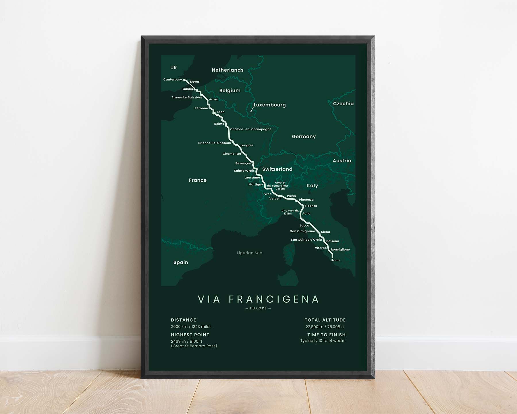 Via Francigena (United Kingdom, Italy, Europe, Canterbury to Rome, France, Switzerland) Trek Map Art with Green Background