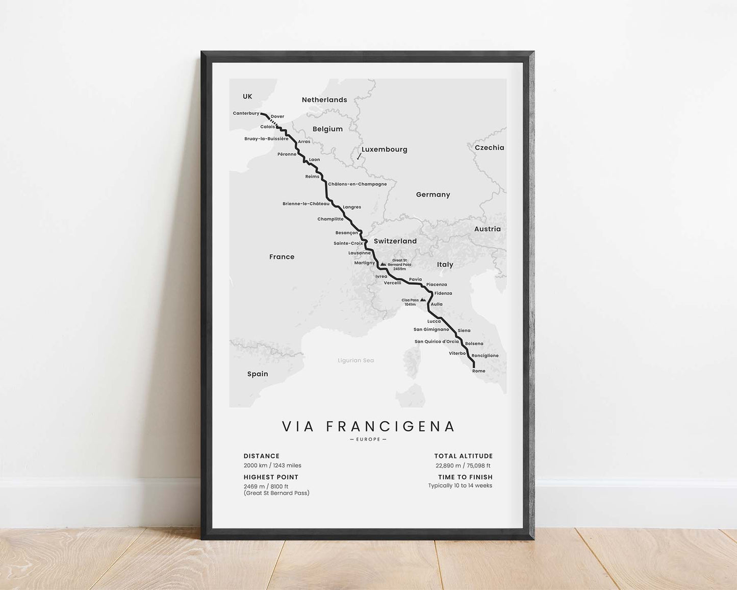 Via Francigena (Canterbury to Rome, United Kingdom, Italy, Europe, Switzerland, France) Thru Hike Poster with White Background