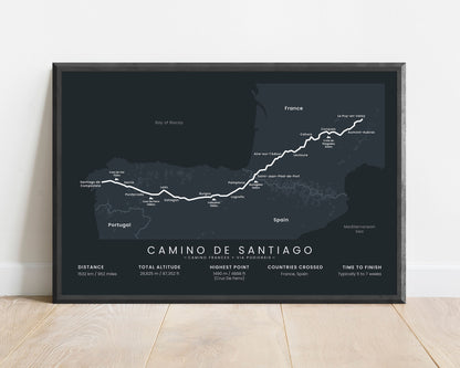 Le Puy Route (France) hiking trail print with black background