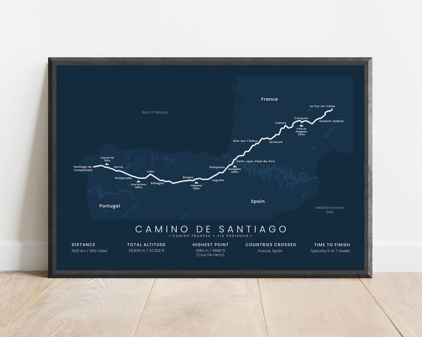 GR65 (Spain) thru hike map art with blue background