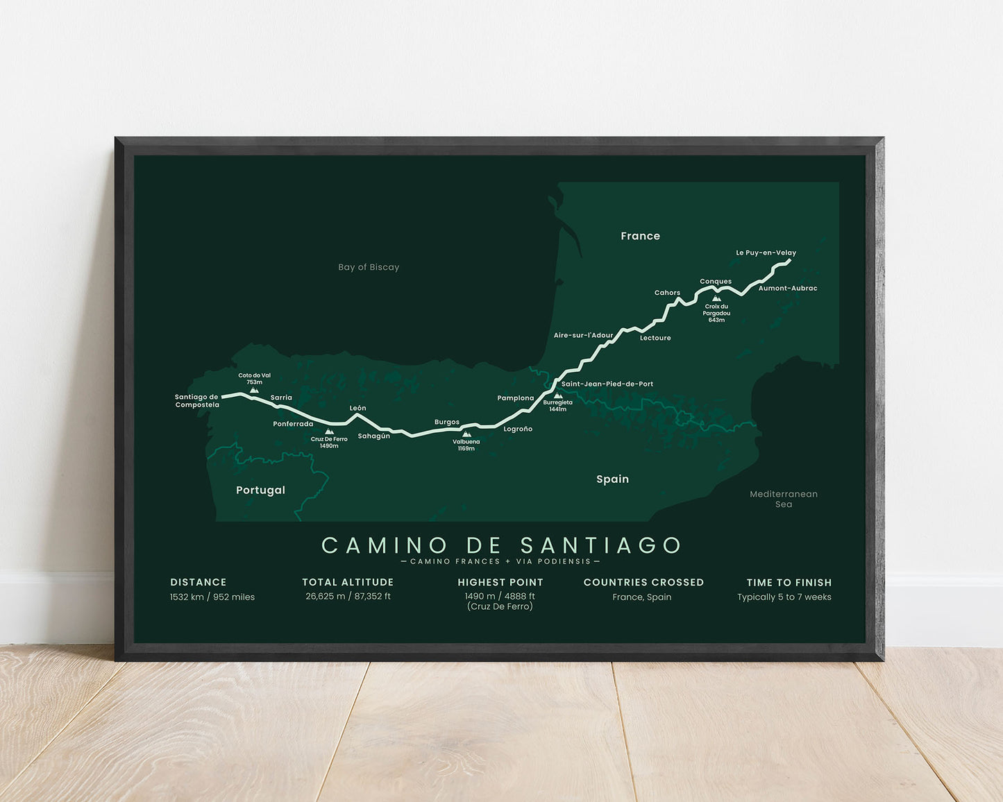 the french way (pyrenees) trail wall map with green background