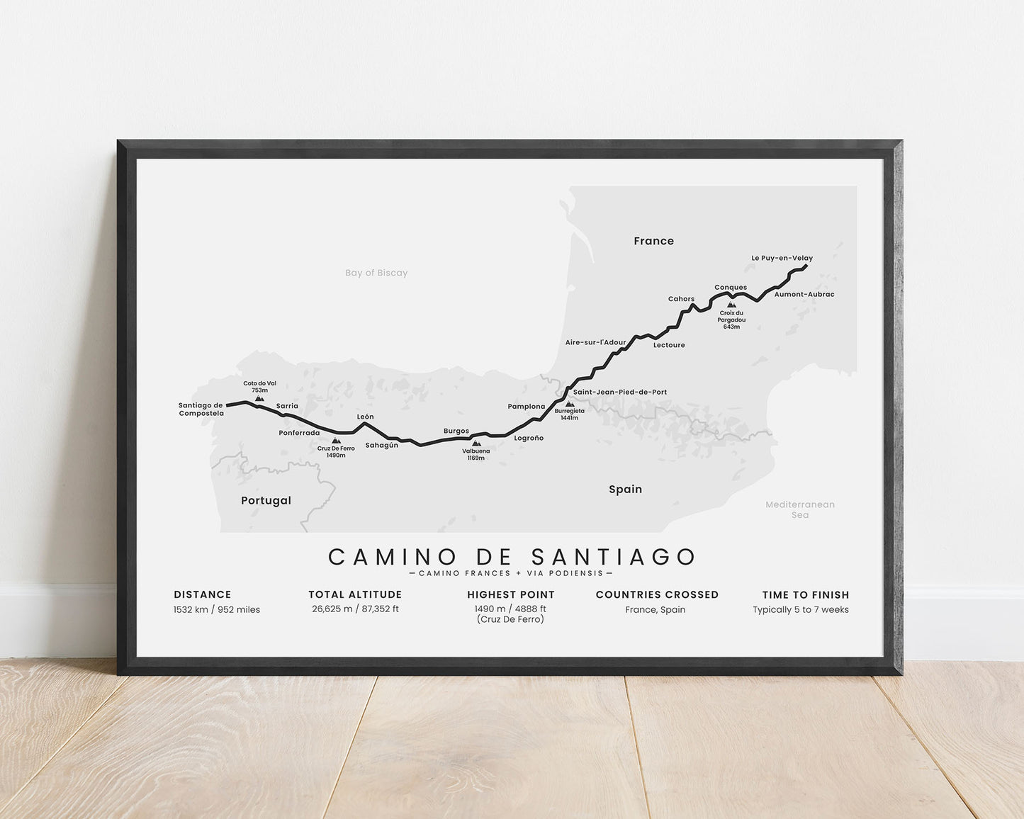 Via Podiensis and Camino Frances (Le-Puy-en-Velay to Santiago de Compostela) pilgrimage poster with white background