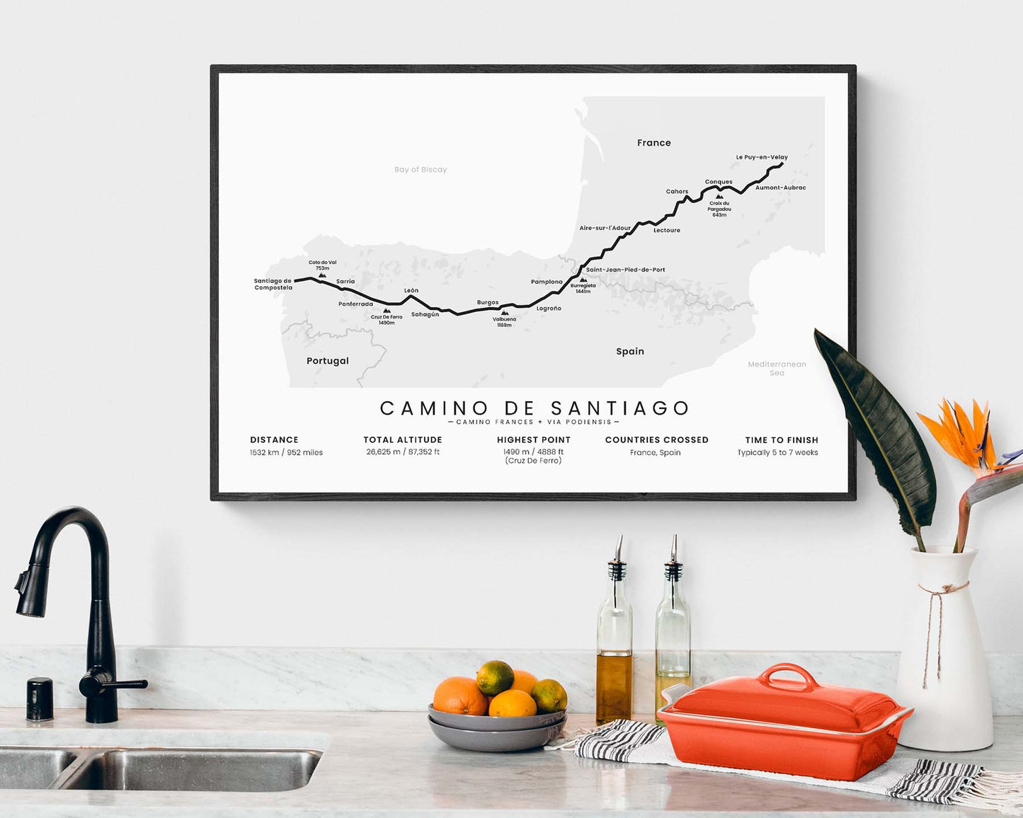 camino de santiago (Le-Puy-en-Velay to Santiago de Compostela) trek art print in minimal room decor