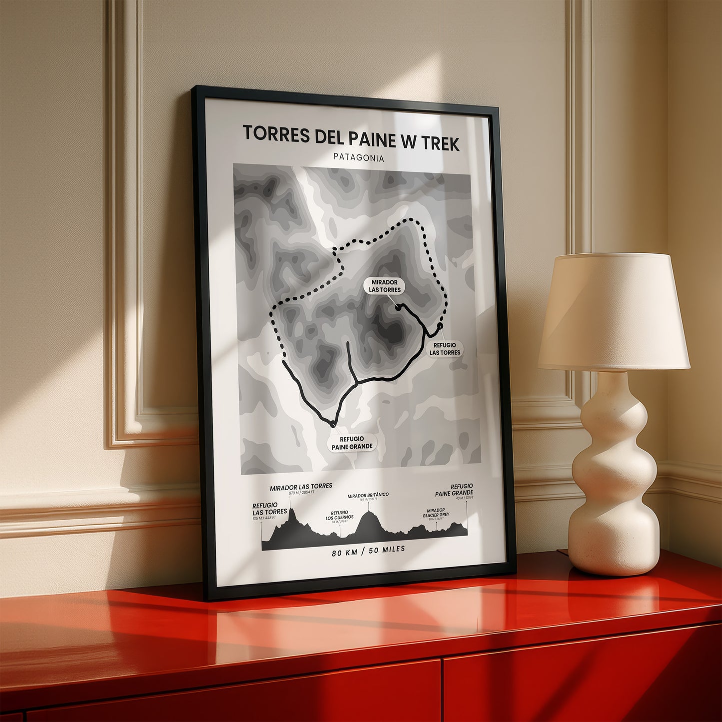 Torres Del Paine W Circuit (South America) Elevation Map Map Art with Black Background